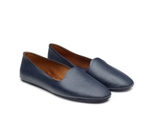 Carica l'immagine nel visualizzatore di Gallery, HOME SLIPPER DONNA -  Pelle saffiano e Raso Blu Notte/Cognac