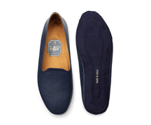 Carica l'immagine nel visualizzatore di Gallery, HOME SLIPPER DONNA -  Pelle saffiano e Raso Blu Notte/Cognac