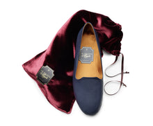 Carica l'immagine nel visualizzatore di Gallery, HOME SLIPPER DONNA -  Pelle saffiano e Raso Blu Notte/Cognac