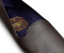 Carica l'immagine nel visualizzatore di Gallery, HOME SLIPPER DONNA - Pelle saffiano e Raso Testa di Moro/Blu