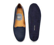 Carica l'immagine nel visualizzatore di Gallery, HOME SLIPPER UOMO - Pelle saffiano e Raso Blu Notte/Cognac
