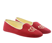 Carica l'immagine nel visualizzatore di Gallery, HOME SLIPPER DONNA - Camoscio / Raso - Rosso Scuro / Cognac