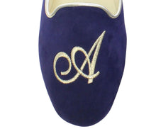 Carica l'immagine nel visualizzatore di Gallery, HOME SLIPPER DONNA - Camoscio / Raso - Blu / Cognac