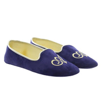 Carica l'immagine nel visualizzatore di Gallery, HOME SLIPPER UOMO - Camoscio / Raso - Blu / Cognac