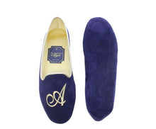 Carica l'immagine nel visualizzatore di Gallery, HOME SLIPPER UOMO - Camoscio / Raso - Blu / Cognac